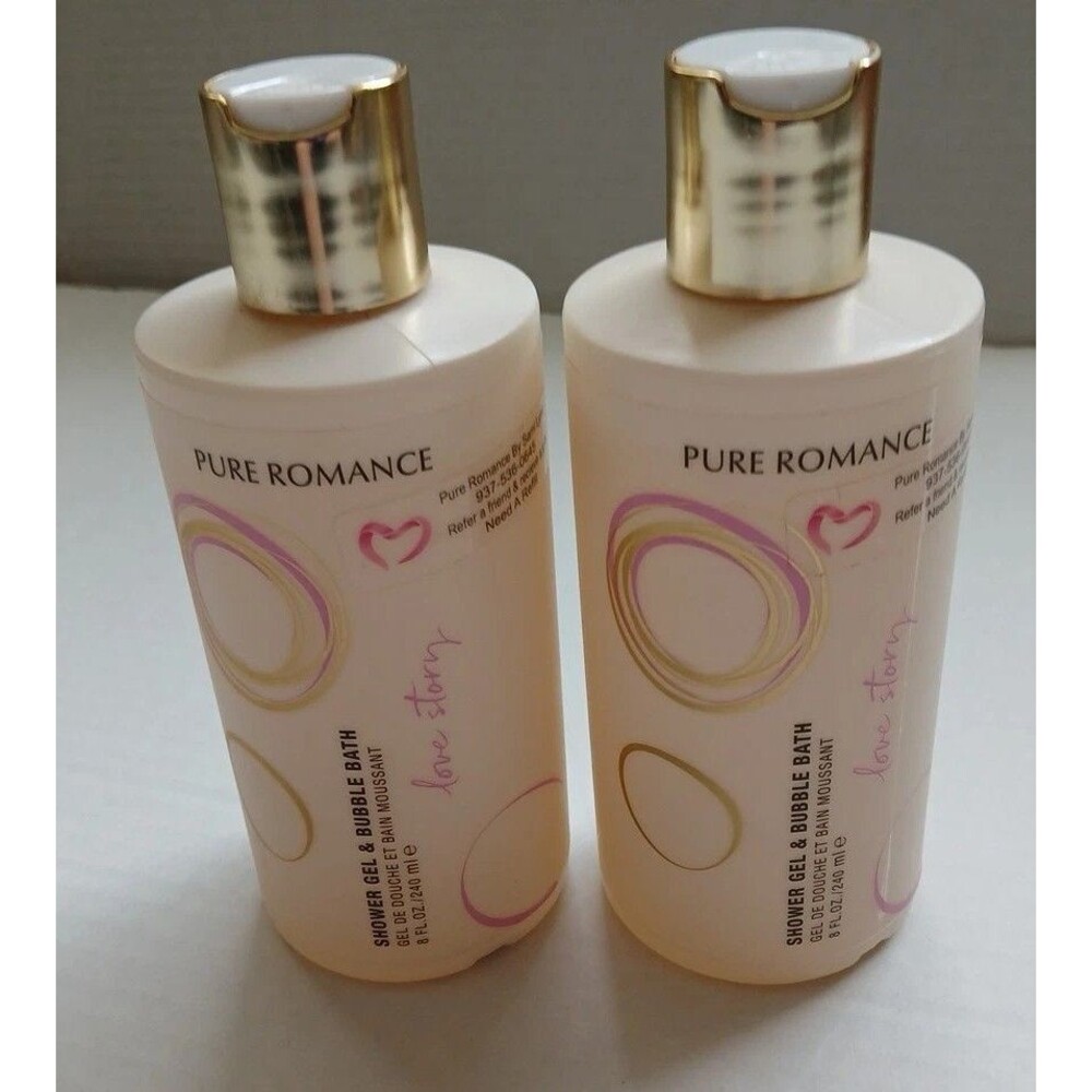 (2)Pure Romance Love Story Shower Gel Bubble Bath Amber & Vanilla 8 Fl Oz NEW